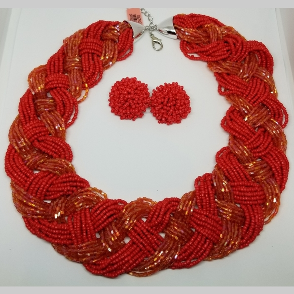 Jewelry - Red Seed Bead Braided Necklace and Earrings Set